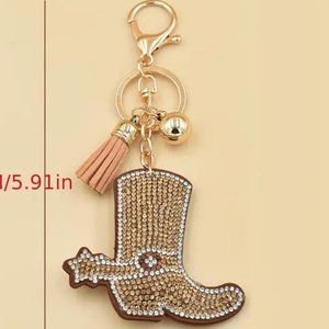 Western Boot, Bag Charm Keychain, Light Brown Rhinestones and Clear Rhinestones.